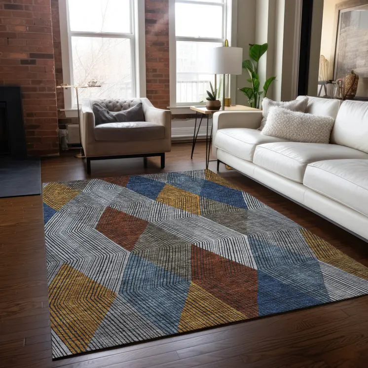 8' X 10' Gray Gold And Blue Argyle Washable Indoor Outdoor Area Rug