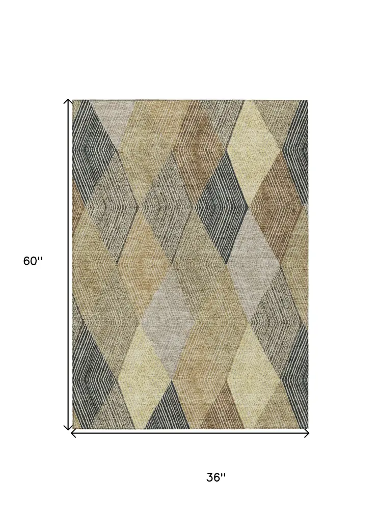 3' X 5' Brown Gold And Taupe Argyle Washable Indoor Outdoor Area Rug