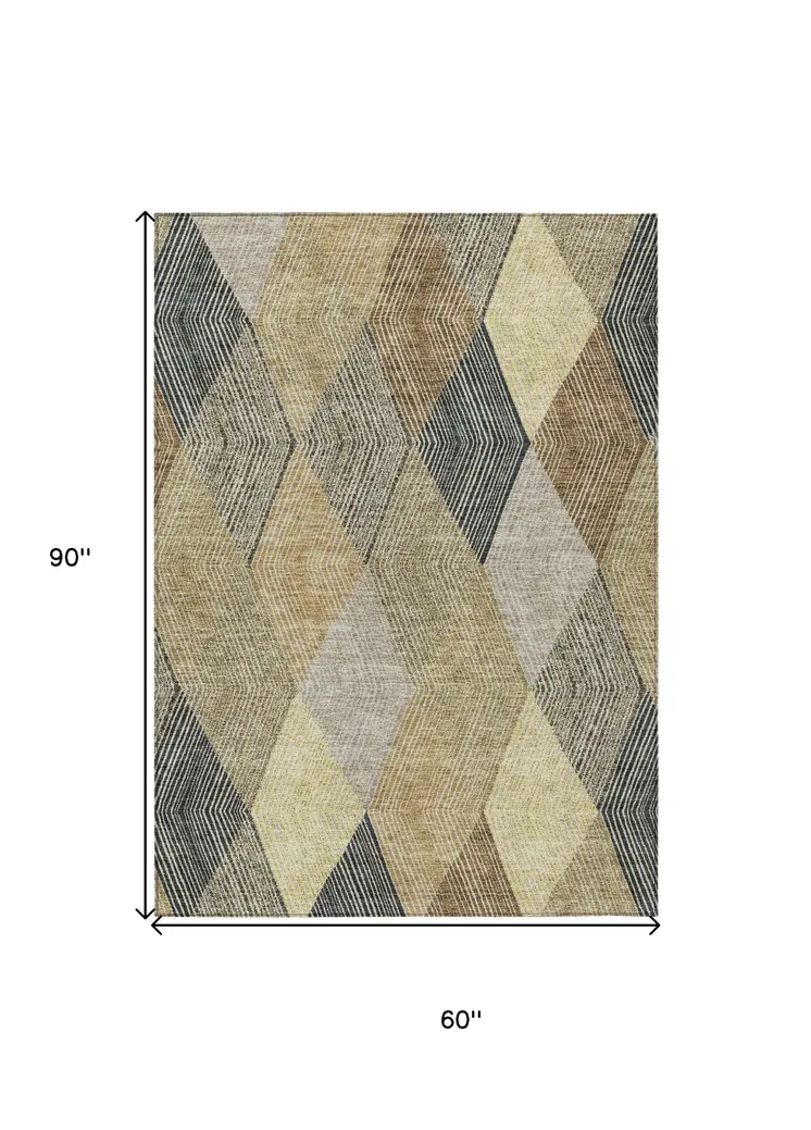 5' X 8' Brown Gold And Taupe Argyle Washable Indoor Outdoor Area Rug