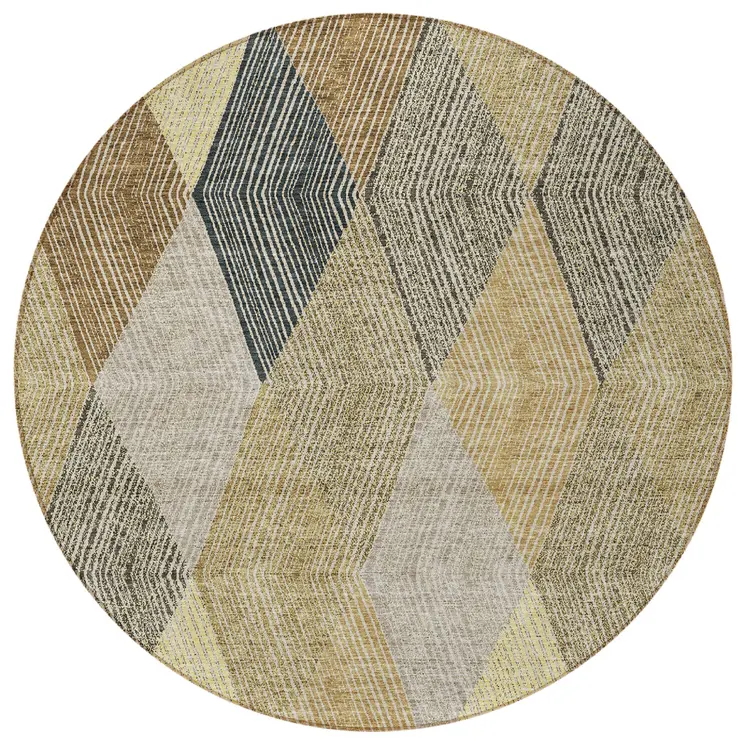 8' Brown Gold And Taupe Round Argyle Washable Indoor Outdoor Area Rug