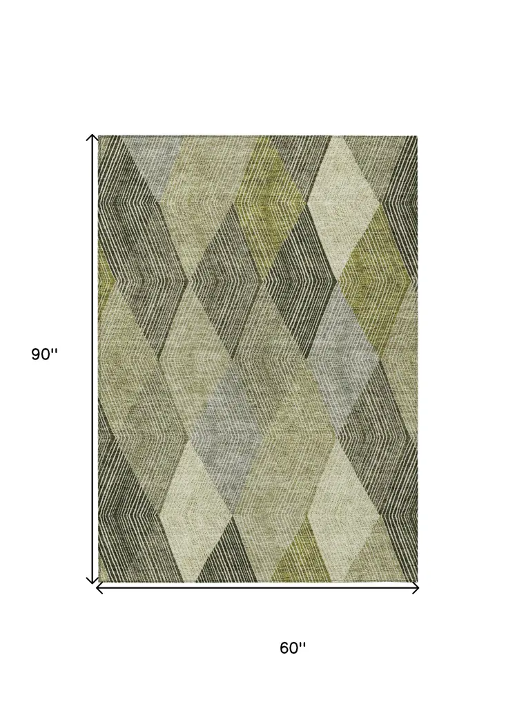 5' X 8' Olive Green Gray And Ivory Argyle Washable Indoor Outdoor Area Rug