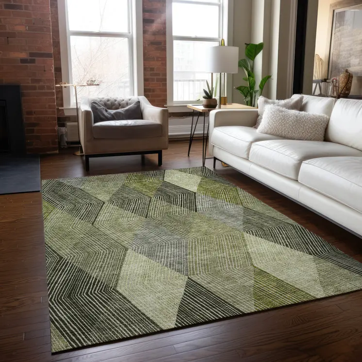 5' X 8' Olive Green Gray And Ivory Argyle Washable Indoor Outdoor Area Rug