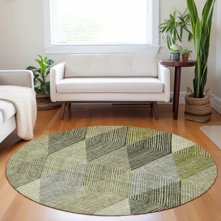 8' Olive Green Gray And Ivory Round Argyle Washable Indoor Outdoor Area Rug