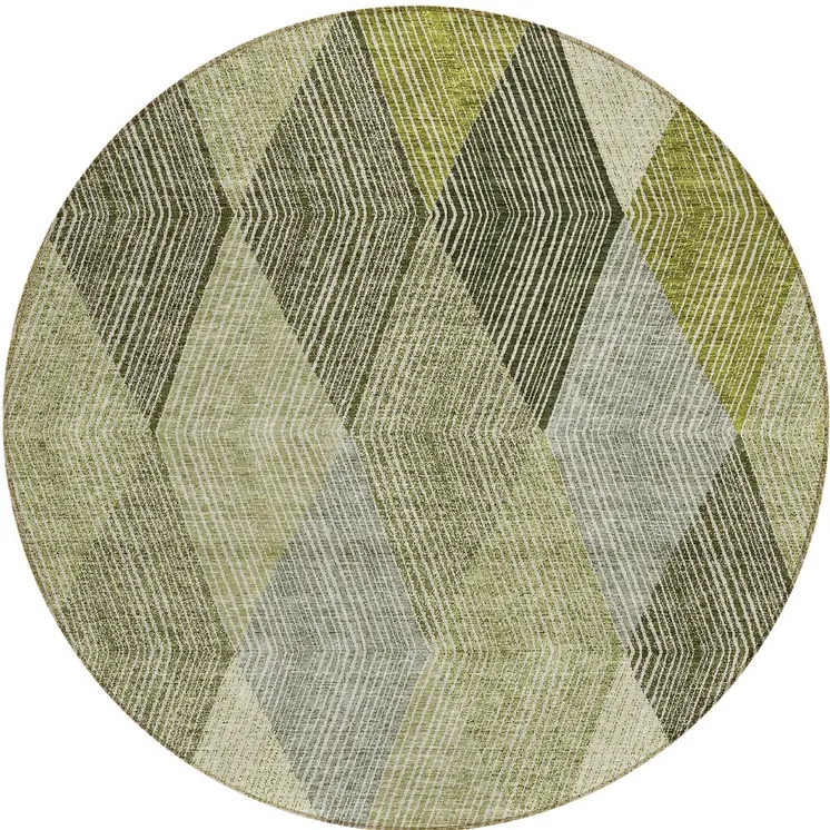 8' Olive Green Gray And Ivory Round Argyle Washable Indoor Outdoor Area Rug