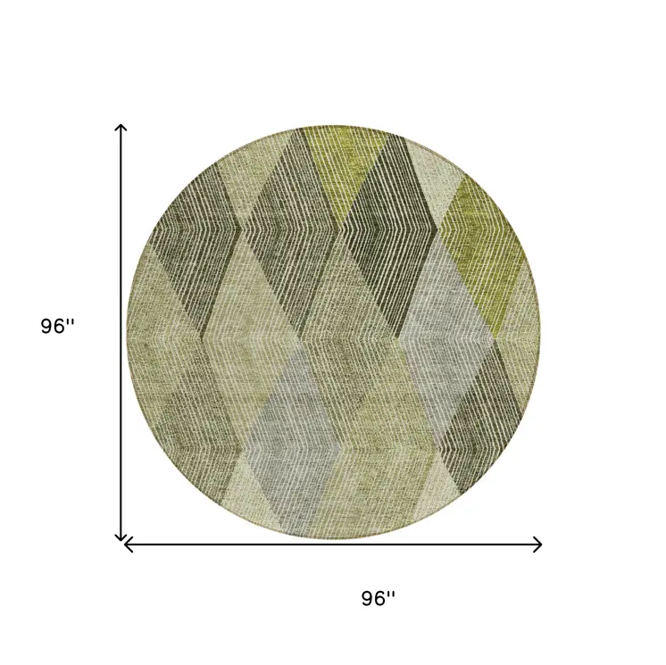 8' Olive Green Gray And Ivory Round Argyle Washable Indoor Outdoor Area Rug