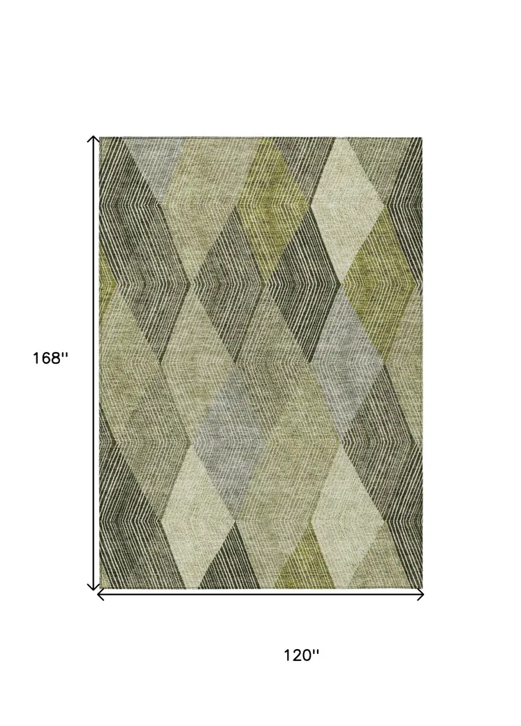 10' X 14' Olive Green Gray And Ivory Argyle Washable Indoor Outdoor Area Rug
