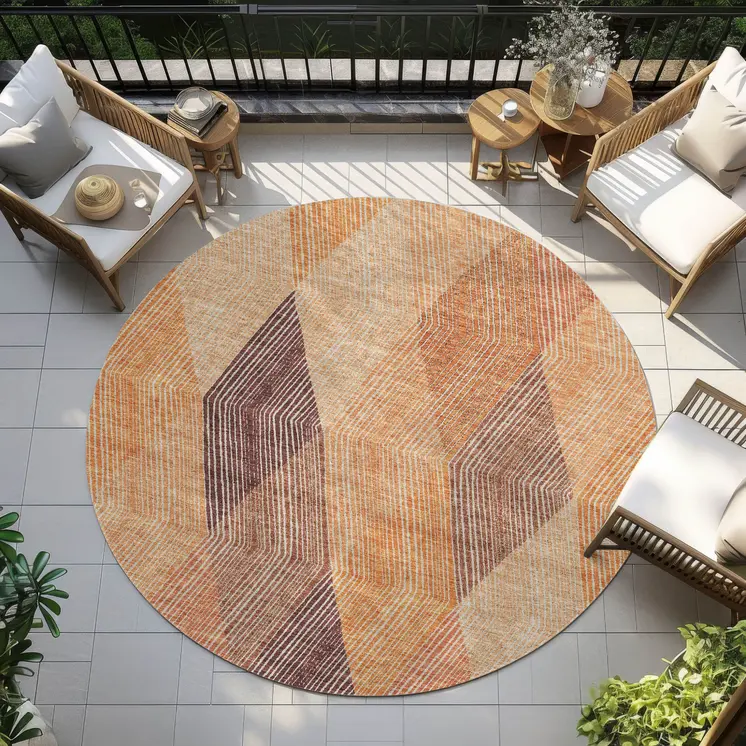 8' Orange Peach And Ruby Red Round Argyle Washable Indoor Outdoor Area Rug