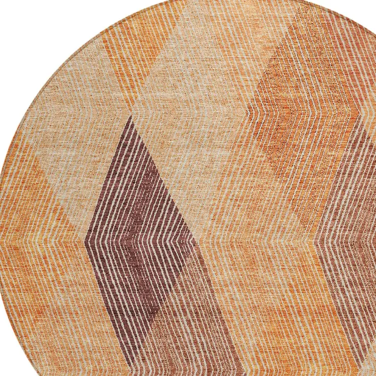 8' Orange Peach And Ruby Red Round Argyle Washable Indoor Outdoor Area Rug