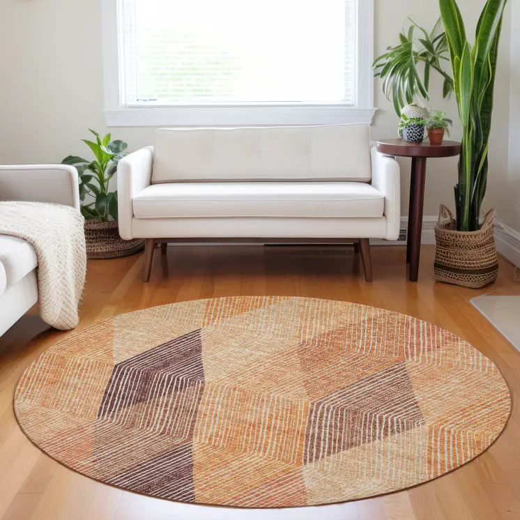 8' Orange Peach And Ruby Red Round Argyle Washable Indoor Outdoor Area Rug