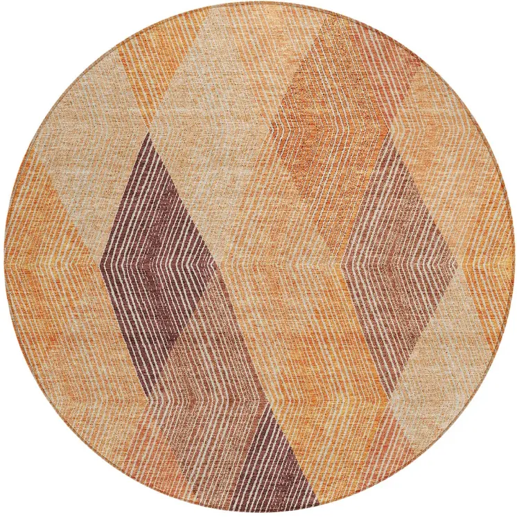 8' Orange Peach And Ruby Red Round Argyle Washable Indoor Outdoor Area Rug