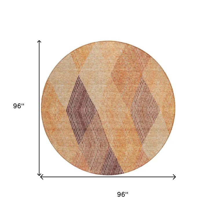 8' Orange Peach And Ruby Red Round Argyle Washable Indoor Outdoor Area Rug
