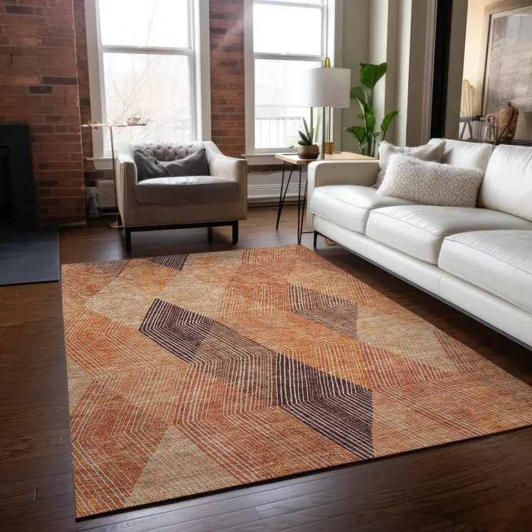 8' X 10' Orange Peach And Ruby Red Argyle Washable Indoor Outdoor Area Rug