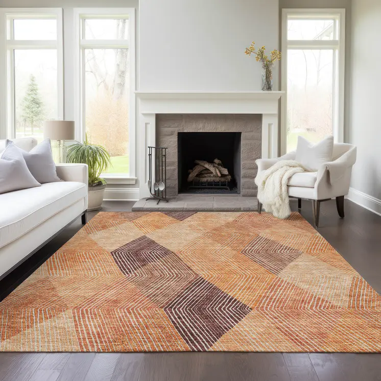 9' X 12' Orange Peach And Ruby Red Argyle Washable Indoor Outdoor Area Rug