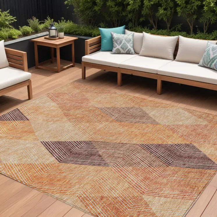 10' X 14' Orange Peach And Ruby Red Argyle Washable Indoor Outdoor Area Rug