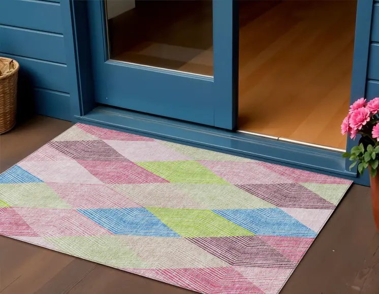 3' X 5' Pink Blue And Mint Green Argyle Washable Indoor Outdoor Area Rug