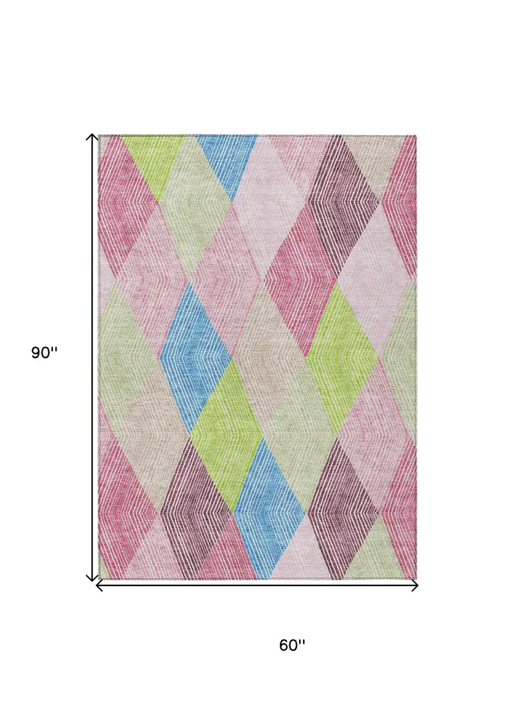 5' X 8' Pink Blue And Mint Green Argyle Washable Indoor Outdoor Area Rug