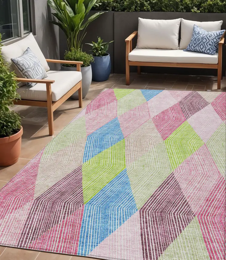 5' X 8' Pink Blue And Mint Green Argyle Washable Indoor Outdoor Area Rug