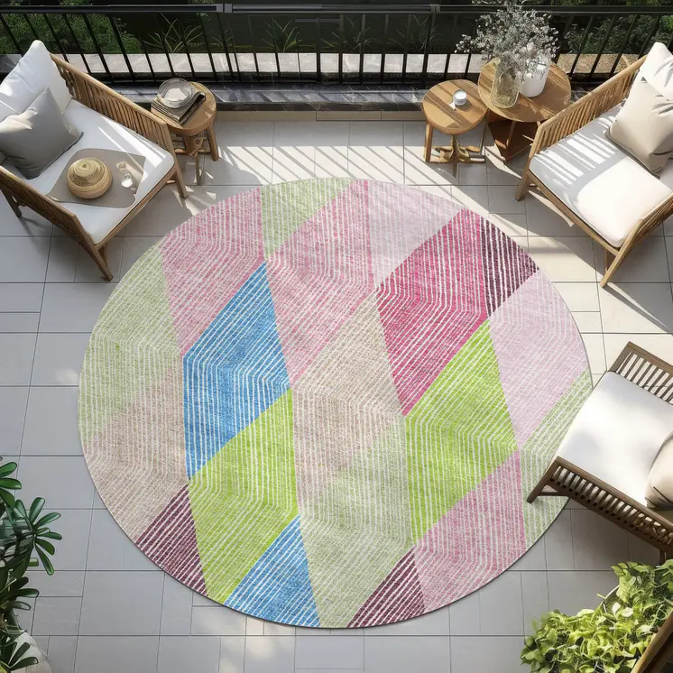 8' Pink Blue And Mint Green Round Argyle Washable Indoor Outdoor Area Rug
