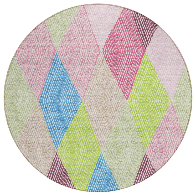 8' Pink Blue And Mint Green Round Argyle Washable Indoor Outdoor Area Rug