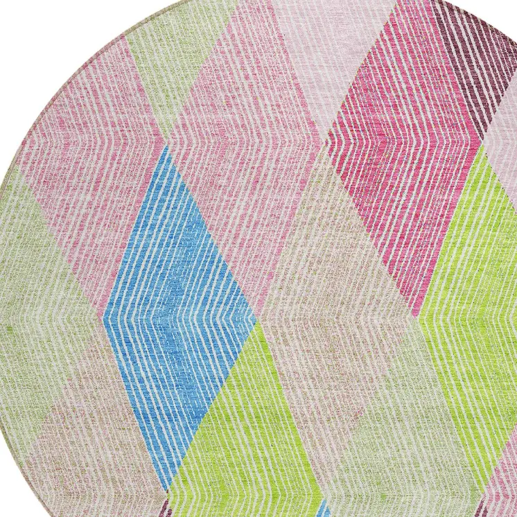 8' Pink Blue And Mint Green Round Argyle Washable Indoor Outdoor Area Rug