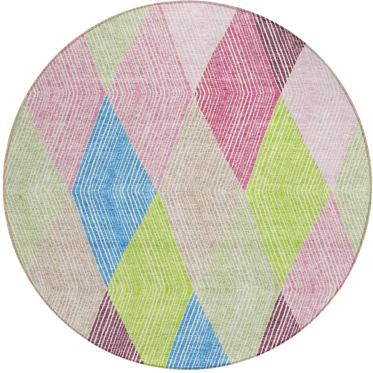 8' Pink Blue And Mint Green Round Argyle Washable Indoor Outdoor Area Rug