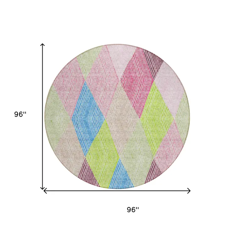 8' Pink Blue And Mint Green Round Argyle Washable Indoor Outdoor Area Rug