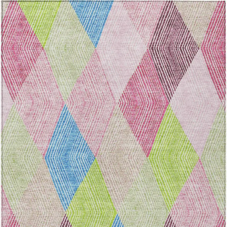 10' X 14' Pink Blue And Mint Green Argyle Washable Indoor Outdoor Area Rug