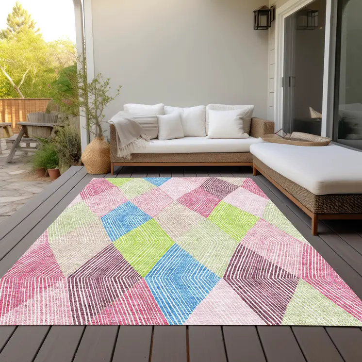 10' X 14' Pink Blue And Mint Green Argyle Washable Indoor Outdoor Area Rug