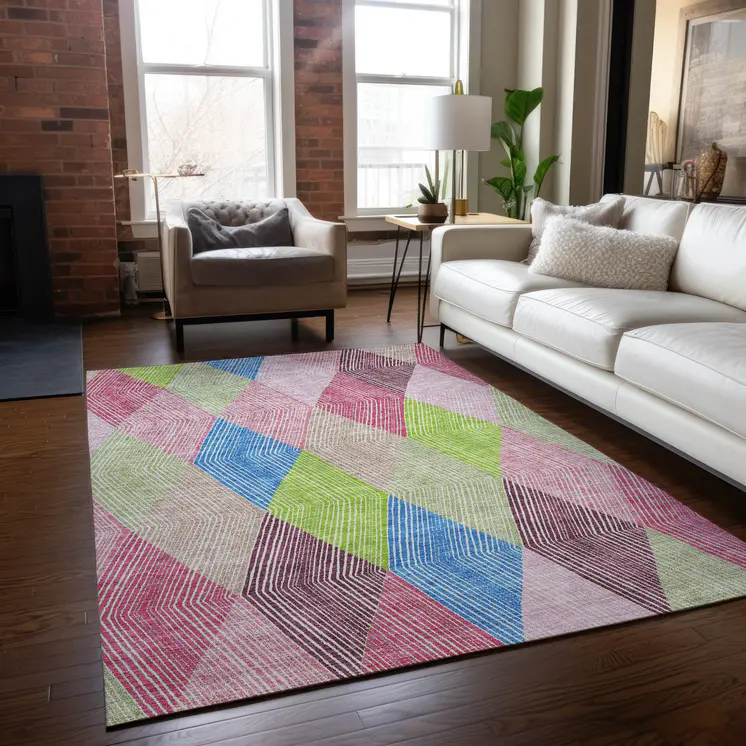 10' X 14' Pink Blue And Mint Green Argyle Washable Indoor Outdoor Area Rug