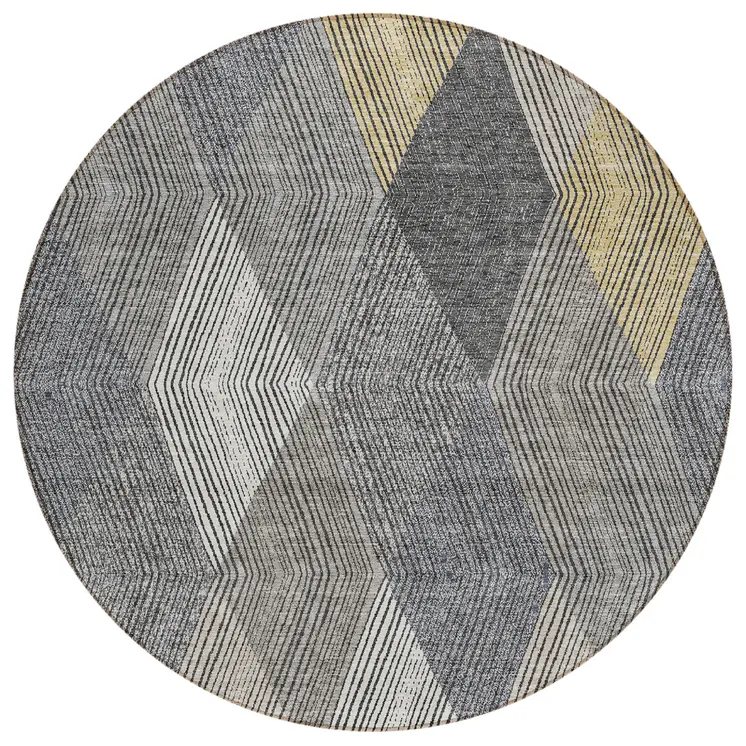 8' Pewter Gray And Gold Round Argyle Washable Indoor Outdoor Area Rug