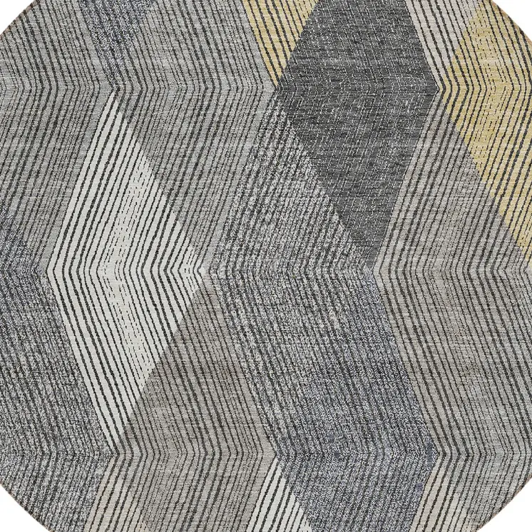 8' Pewter Gray And Gold Round Argyle Washable Indoor Outdoor Area Rug