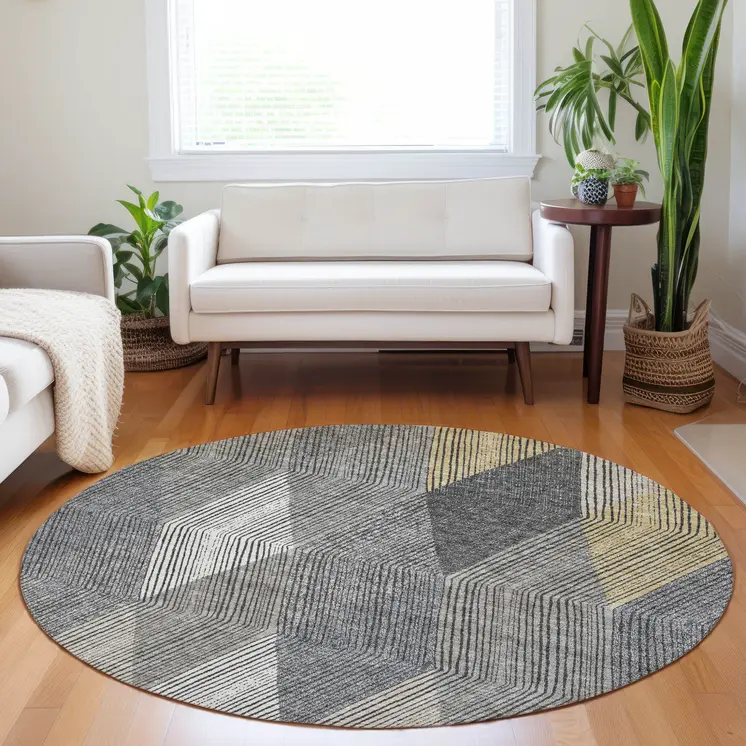 8' Pewter Gray And Gold Round Argyle Washable Indoor Outdoor Area Rug