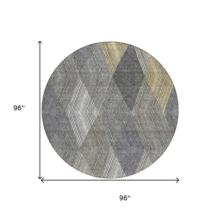 8' Pewter Gray And Gold Round Argyle Washable Indoor Outdoor Area Rug
