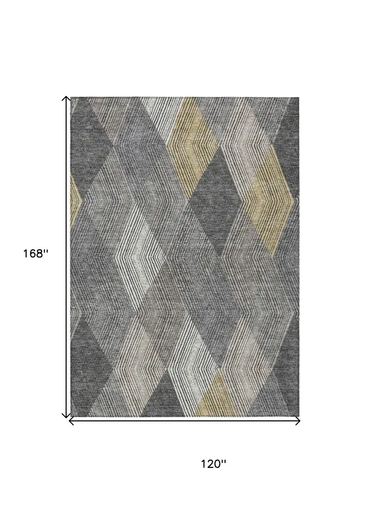 10' X 14' Pewter Gray And Gold Argyle Washable Indoor Outdoor Area Rug