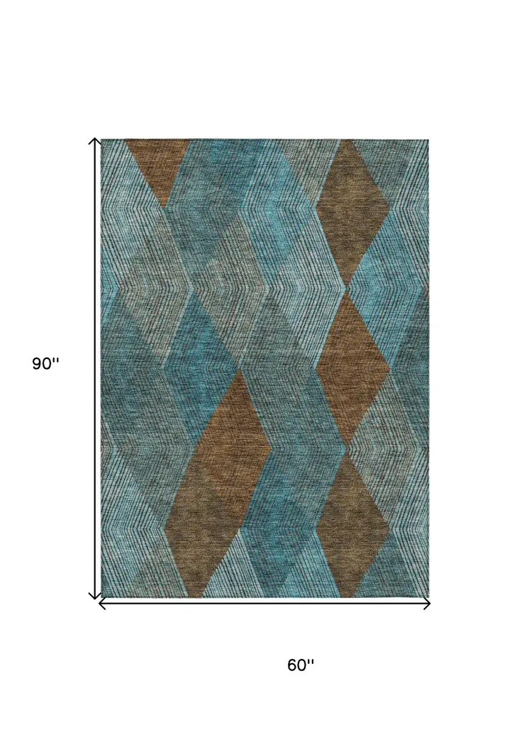5' X 8' Teal Blue Aqua And Brown Argyle Washable Indoor Outdoor Area Rug