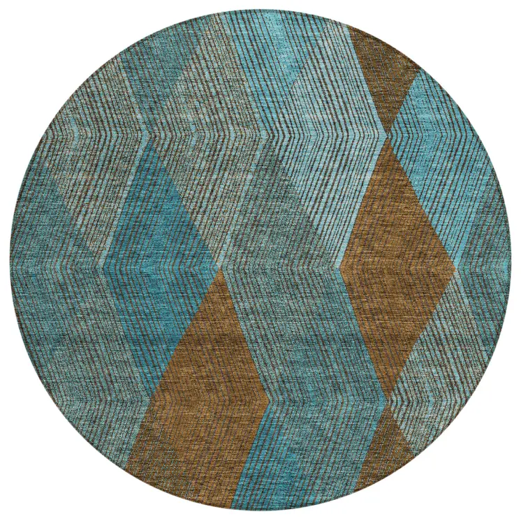 8' Teal Blue Aqua And Brown Round Argyle Washable Indoor Outdoor Area Rug