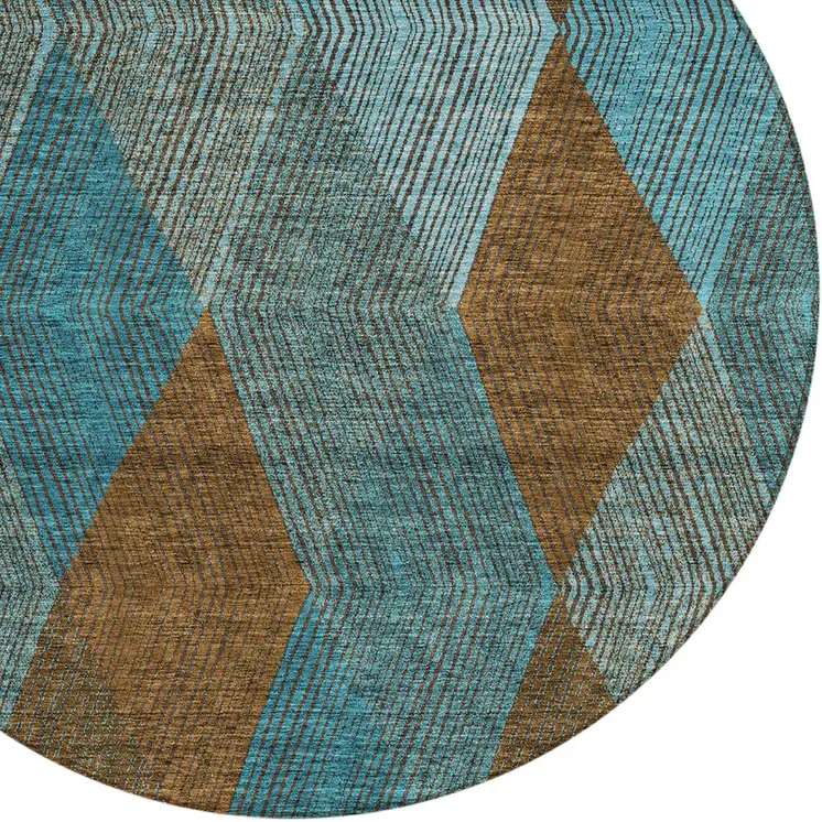 8' Teal Blue Aqua And Brown Round Argyle Washable Indoor Outdoor Area Rug