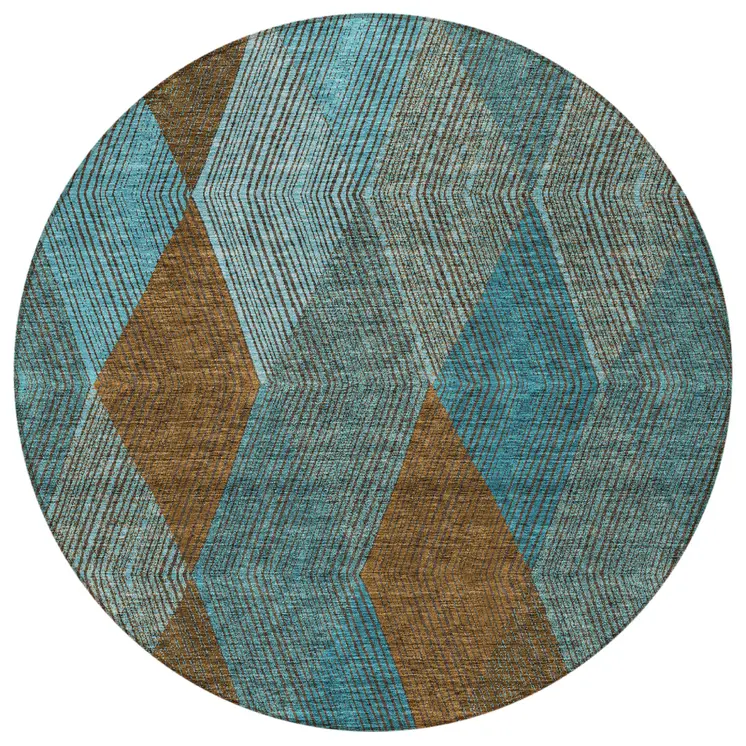 8' Teal Blue Aqua And Brown Round Argyle Washable Indoor Outdoor Area Rug