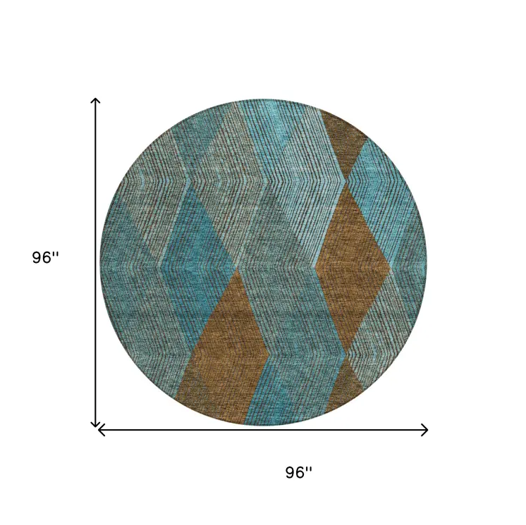 8' Teal Blue Aqua And Brown Round Argyle Washable Indoor Outdoor Area Rug