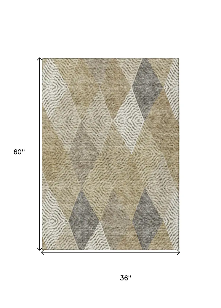 3' X 5' Wheat Taupe And Ivory Argyle Washable Indoor Outdoor Area Rug