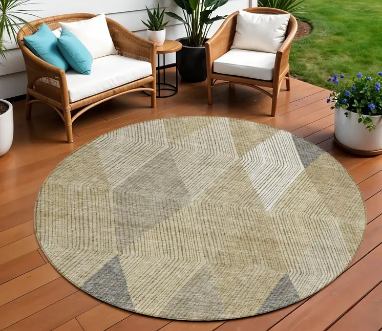 8' Wheat Taupe And Ivory Round Argyle Washable Indoor Outdoor Area Rug