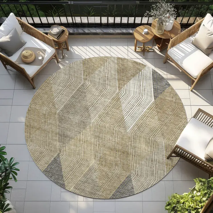 8' Wheat Taupe And Ivory Round Argyle Washable Indoor Outdoor Area Rug