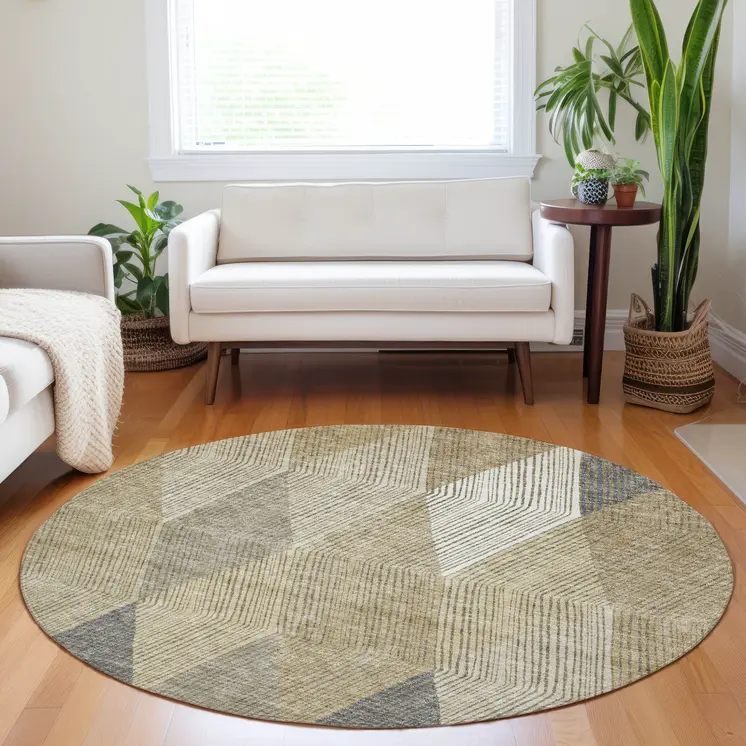 8' Wheat Taupe And Ivory Round Argyle Washable Indoor Outdoor Area Rug
