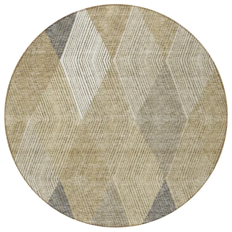 8' Wheat Taupe And Ivory Round Argyle Washable Indoor Outdoor Area Rug