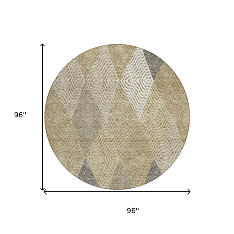8' Wheat Taupe And Ivory Round Argyle Washable Indoor Outdoor Area Rug
