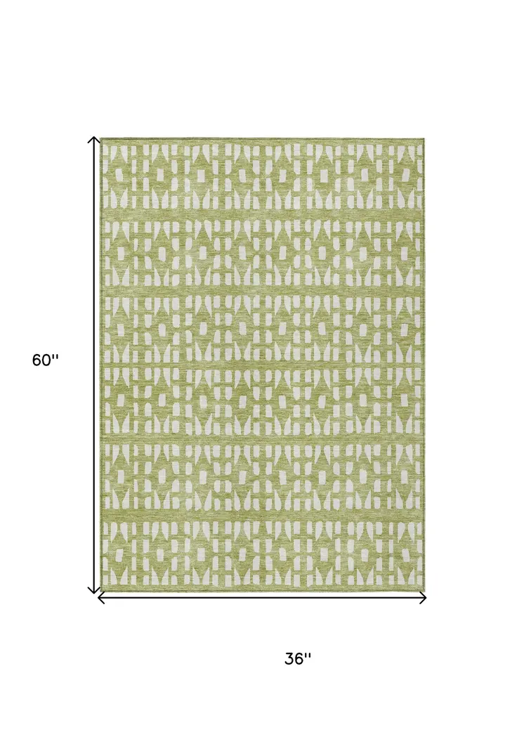 3' X 5' Sage And Ivory Geometric Washable Indoor Outdoor Area Rug