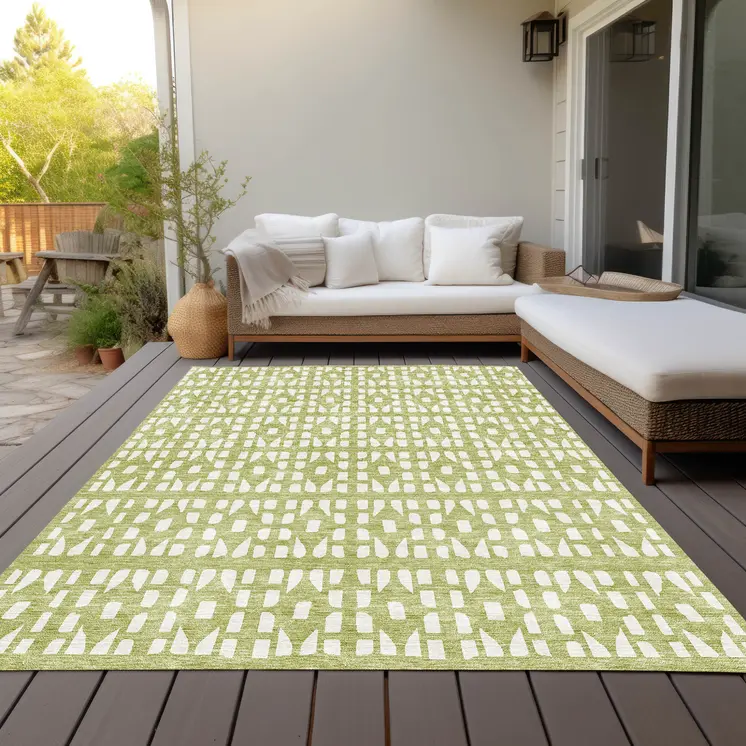 3' X 5' Sage And Ivory Geometric Washable Indoor Outdoor Area Rug
