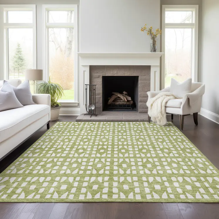 3' X 5' Sage And Ivory Geometric Washable Indoor Outdoor Area Rug