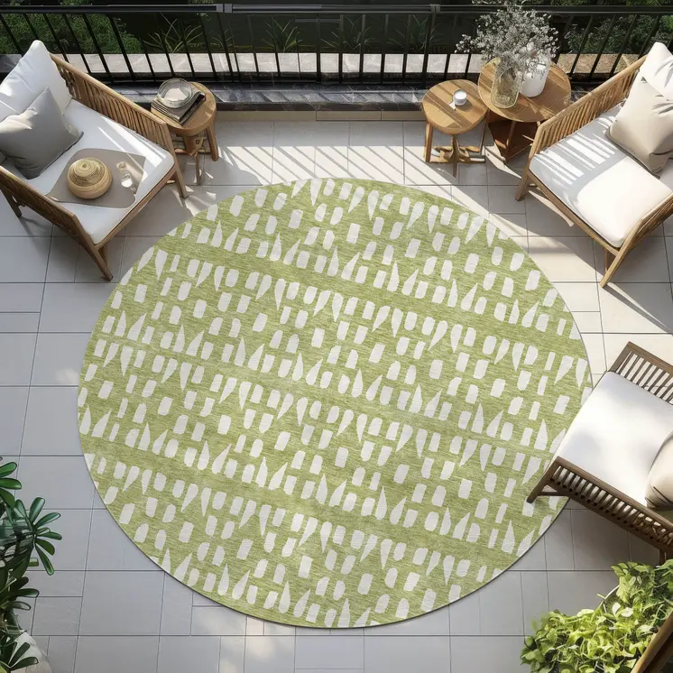 8' Sage And Ivory Round Geometric Washable Indoor Outdoor Area Rug
