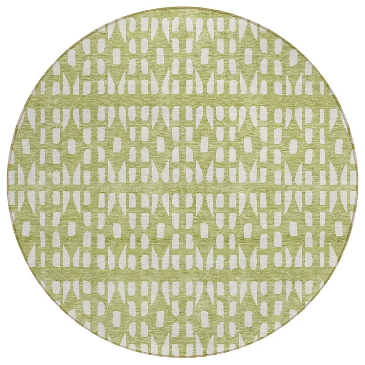 8' Sage And Ivory Round Geometric Washable Indoor Outdoor Area Rug